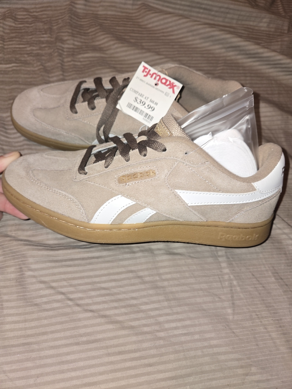 NWT Reebok Women's Tan Suede Sneakers with White Stripes and Gum Sole